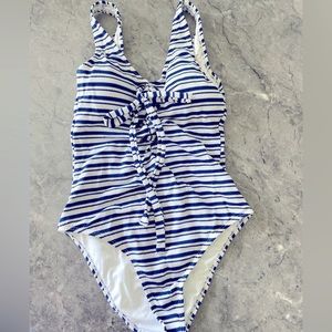Navy + White Striped One-Piece with Tie Detail
